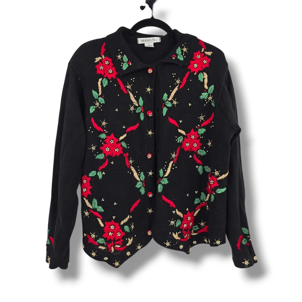 Arriviste Womens Black Poinsettia Embroidered Beaded Holiday Cardigan Sweater XL